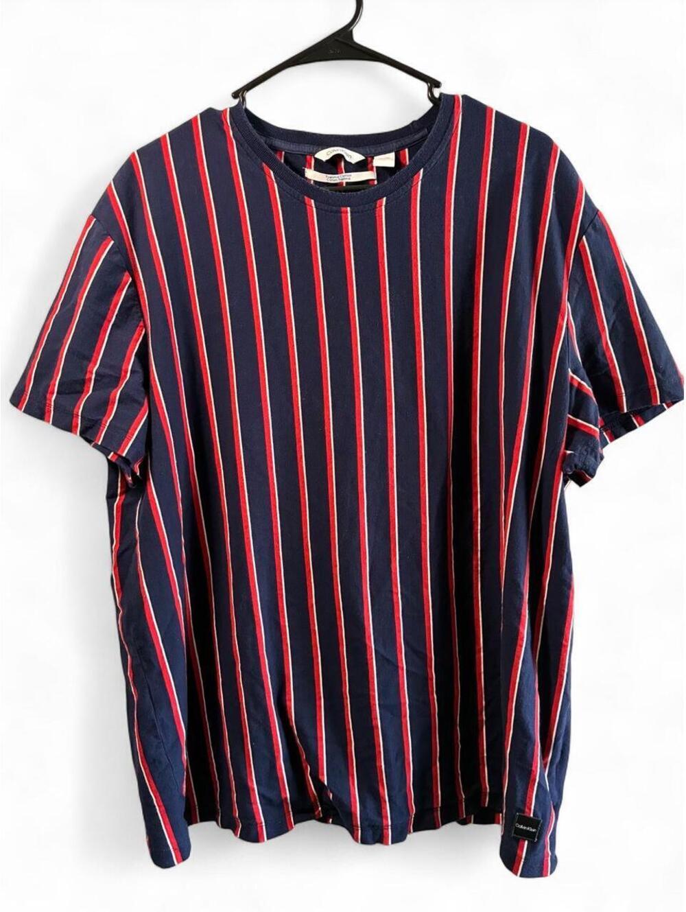 Calvin Klein Men's XXL Striped Short Sleeve T-Shirt, Navy Blue with Red and Pink